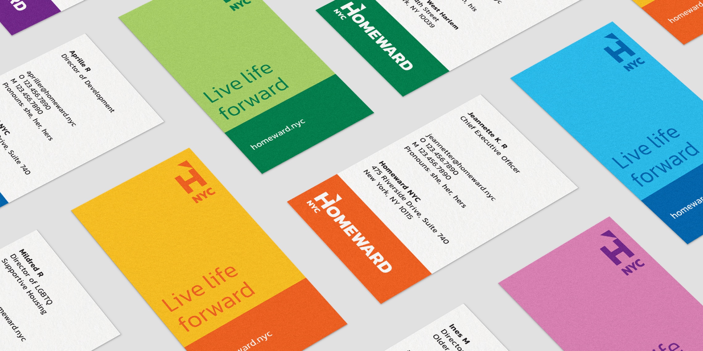 Examples of business cards showing how to apply the brand identity developed for Homeward UK