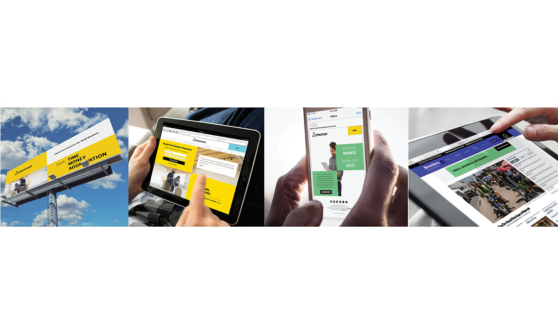 A series of images showcasing brand presence through a person using a tablet and phone.