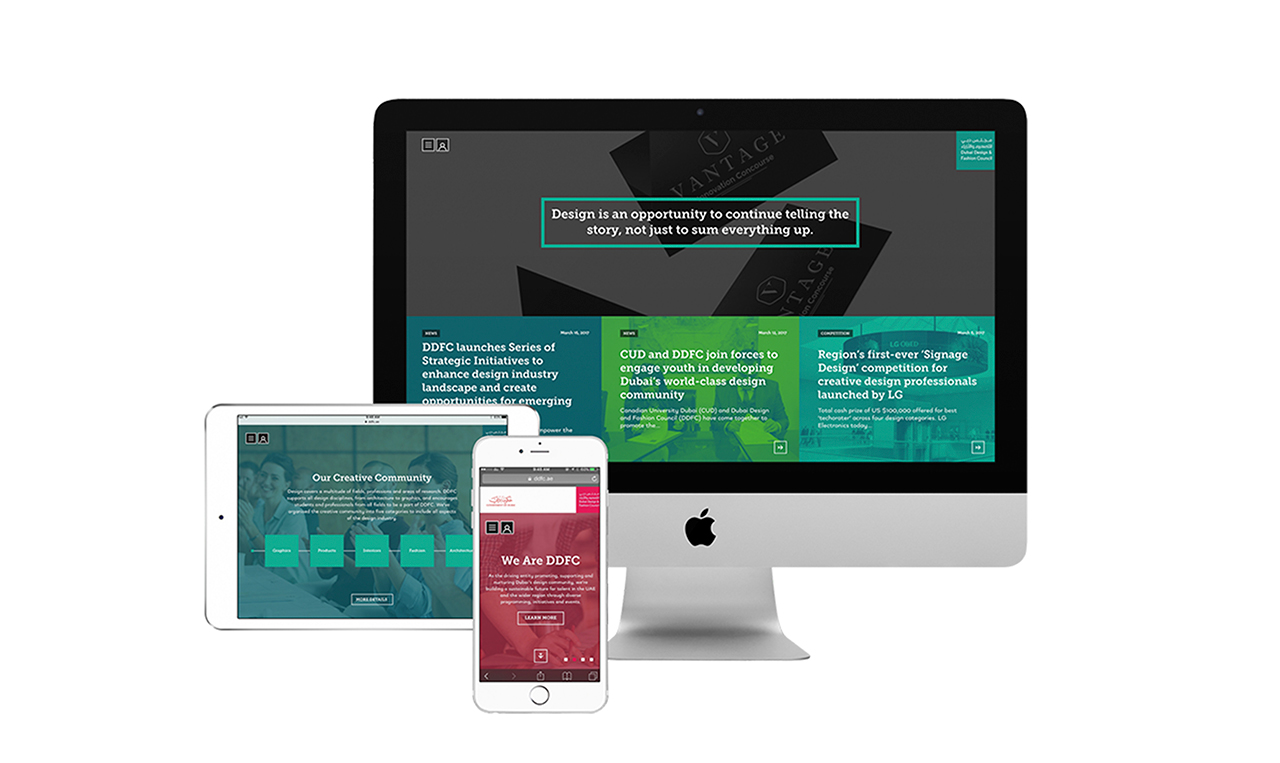 Examples of the website developed for the Dubai Fashion and Design Council on a desktop computer, a tablet and a mobile phone