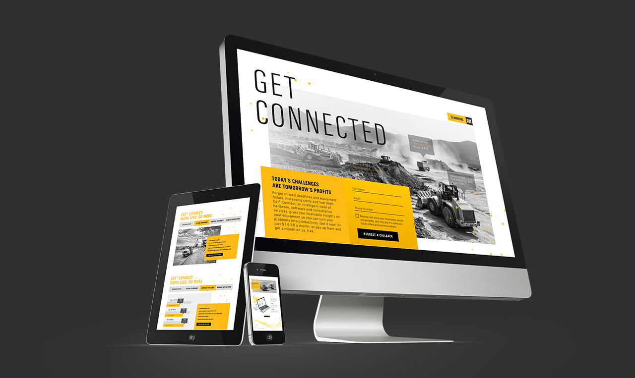 The landing page developed for Mantrac displayed on a desktop computer, tablet and mobile phone