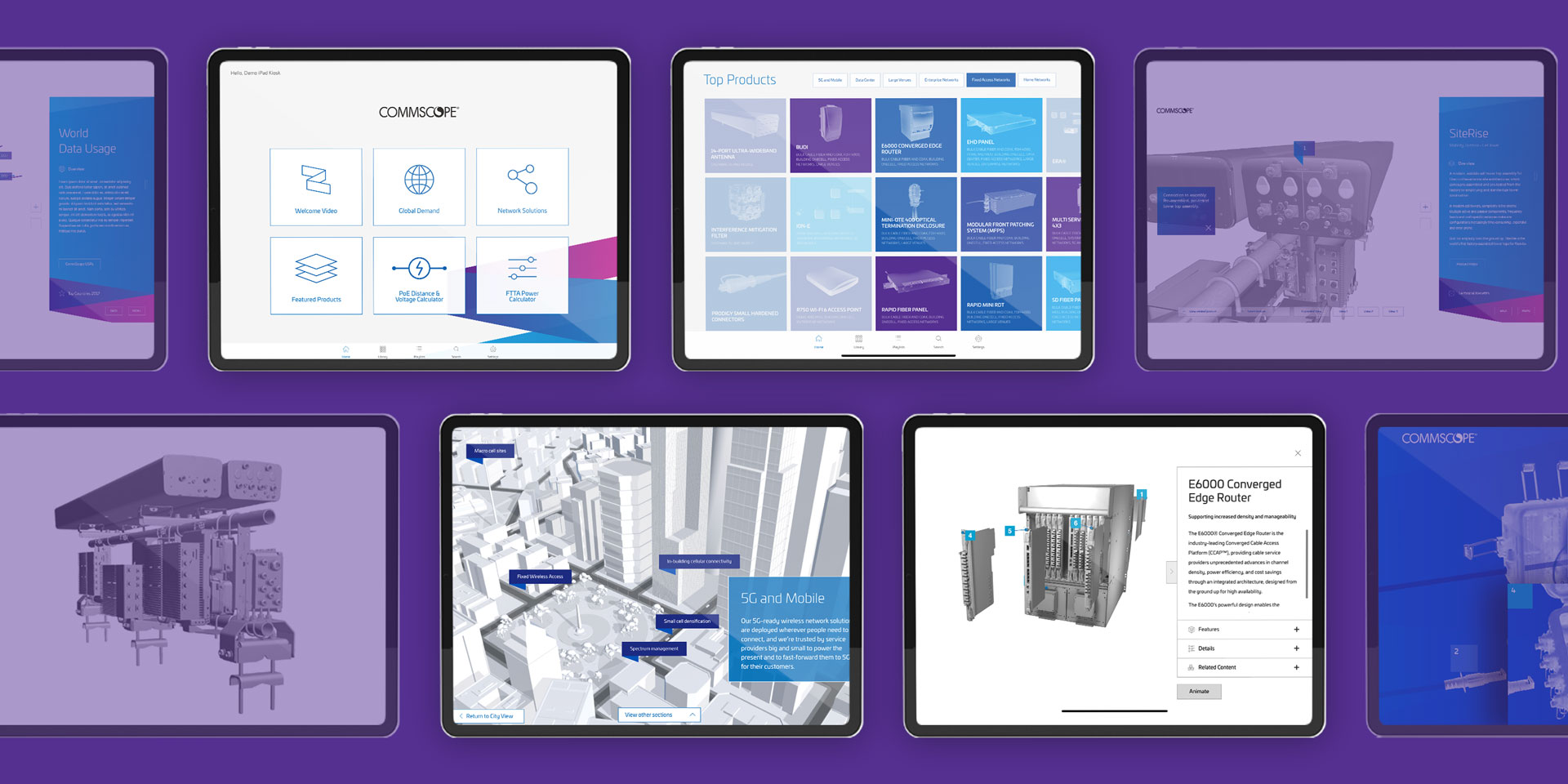 Several examples of the different screens designed with PresentationOS for the Commscope brand