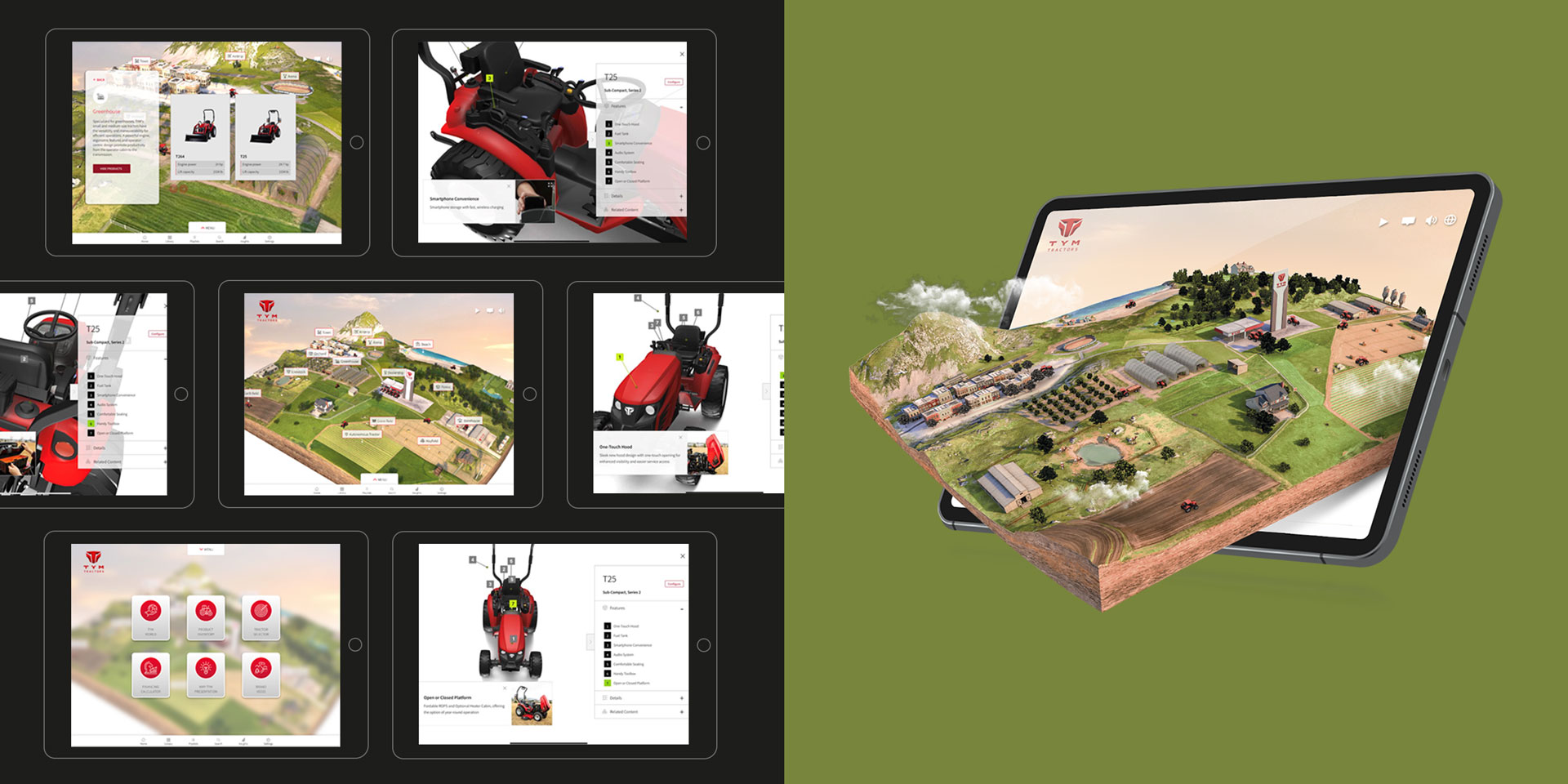 Examples of screen designs and 3D models created by OMNRAE to allow TYM distributors and sales teams to present their solutions at a glance.