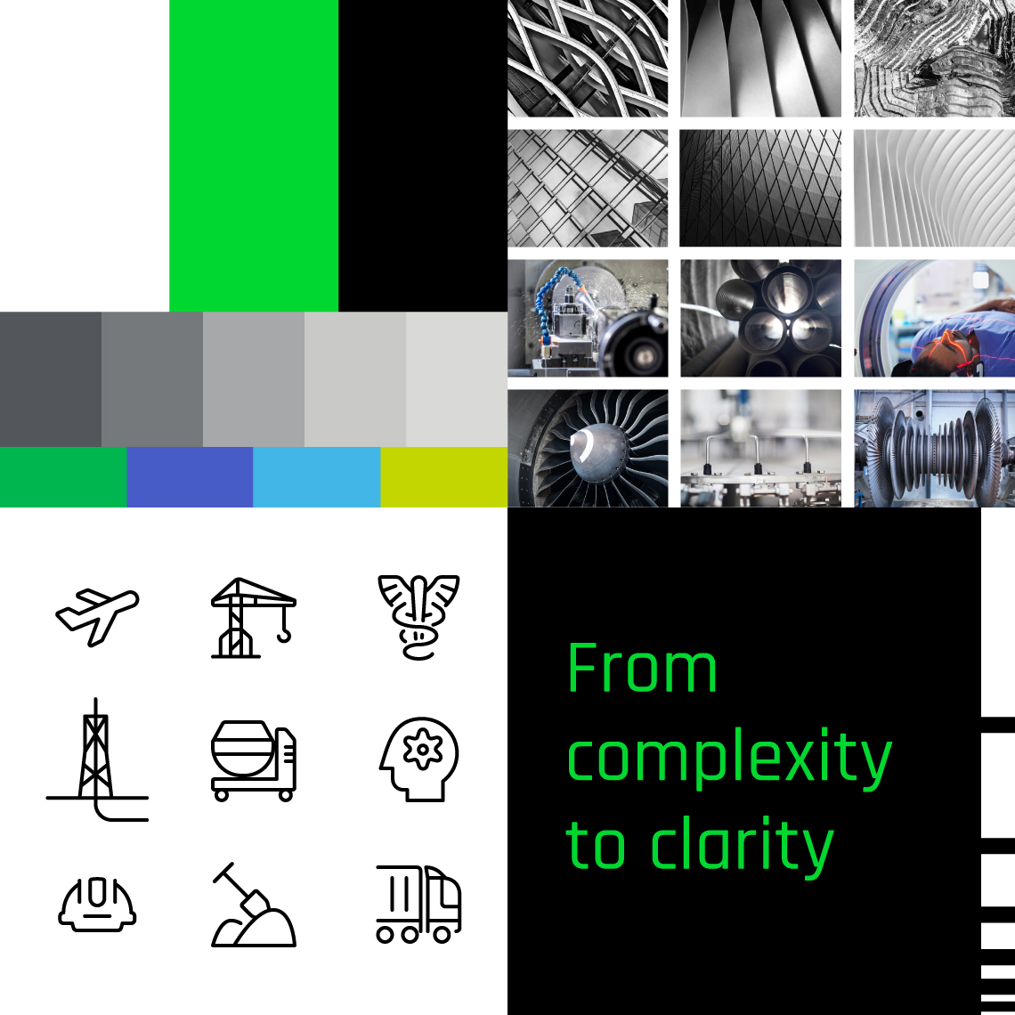 different elements of the brand identity developed for nexseer: color palette, imagery, icons, and typography