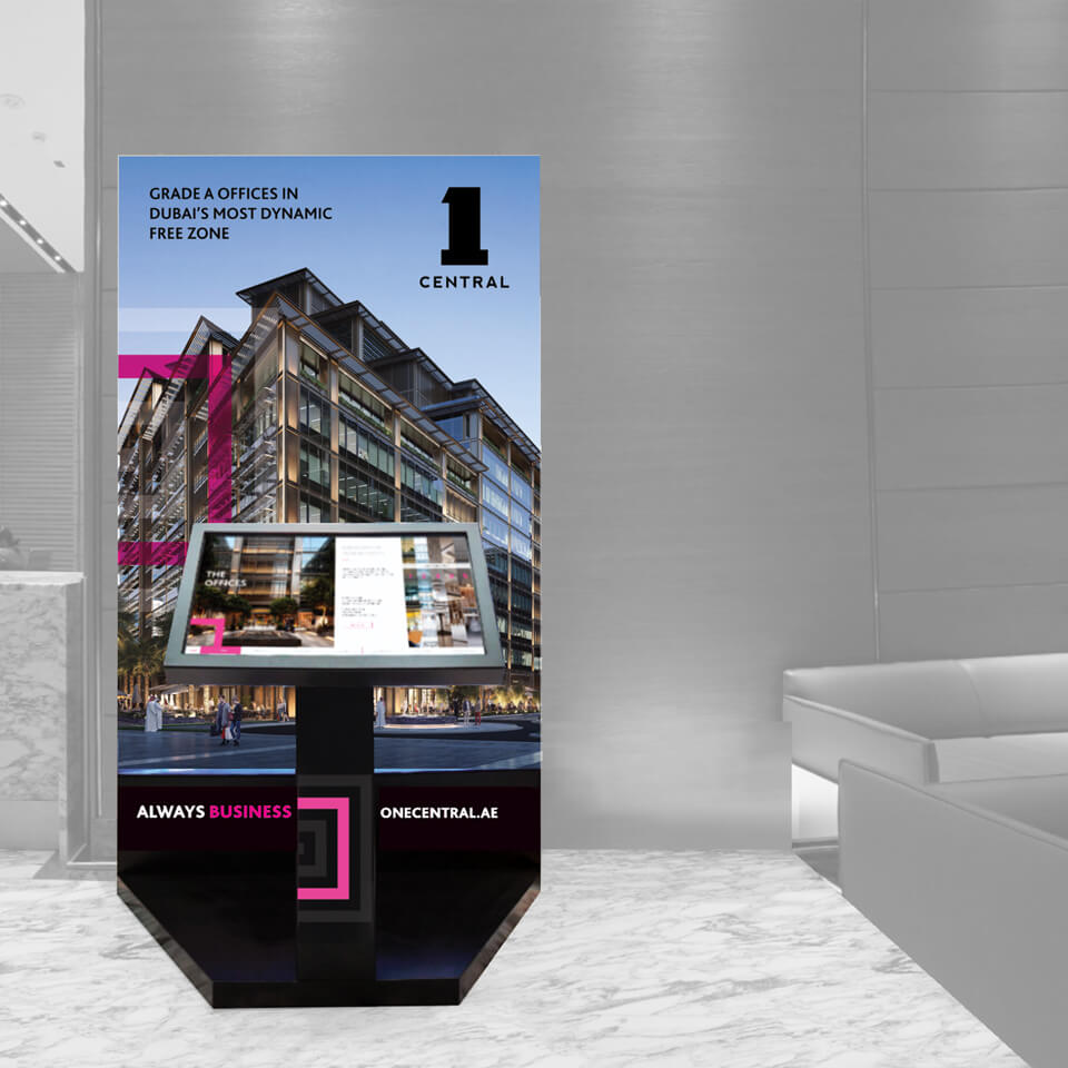 Views of the showroom with the multimedia displays developed for One Central.