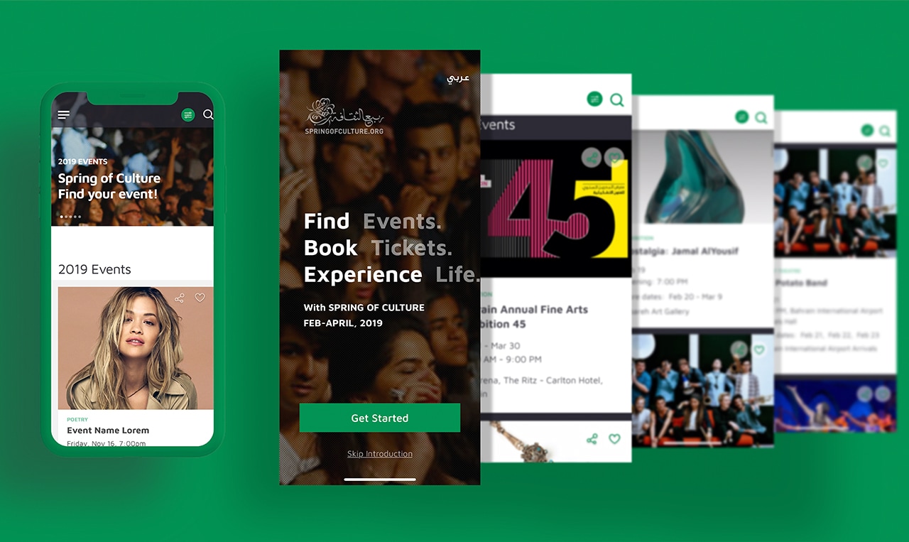 a mobile phone showing examples of the new website designed and developed for the Spring of Culture festival