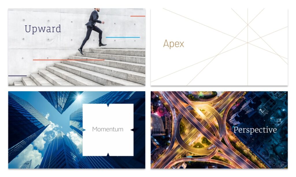 A series of upward moodboards highlighting brand personality.