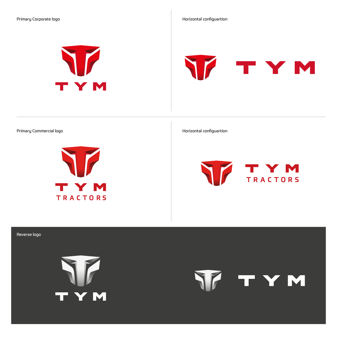 Different logo configurations developed for the TYM brand: Primary corporate logo, horizontal configuration, primary commercial logo, horizontal commercial configuration, and reverse logo: white on a darker background.