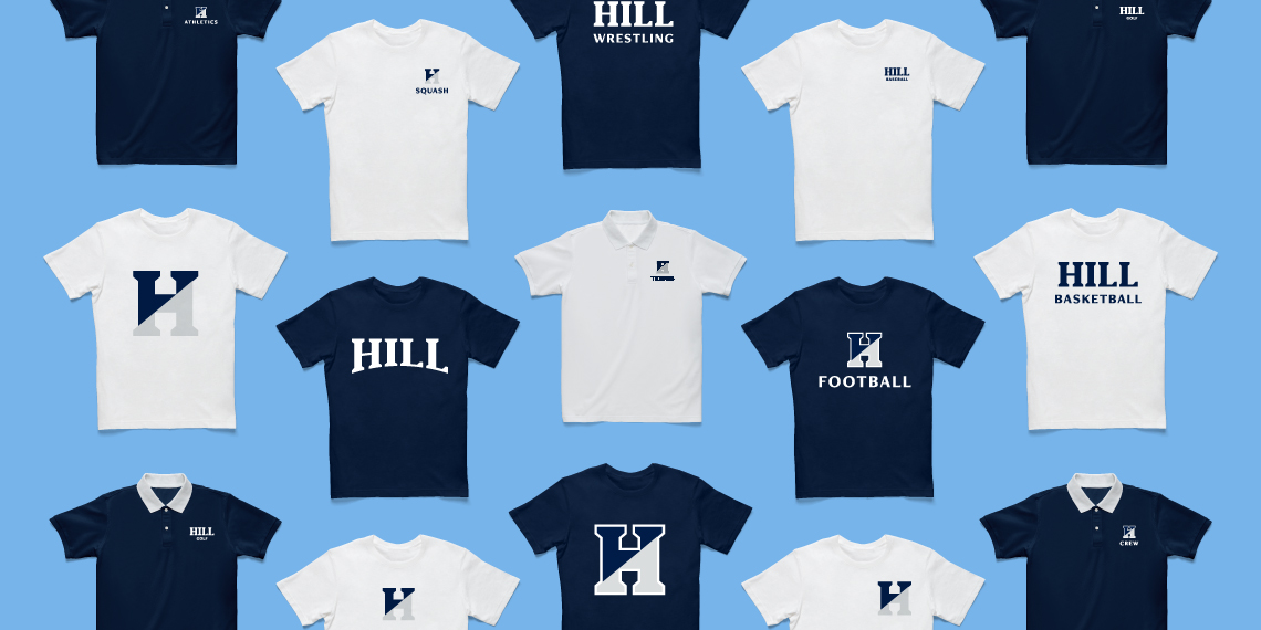 a series of examples of how to apply the brand identity on white and blue t-shirts