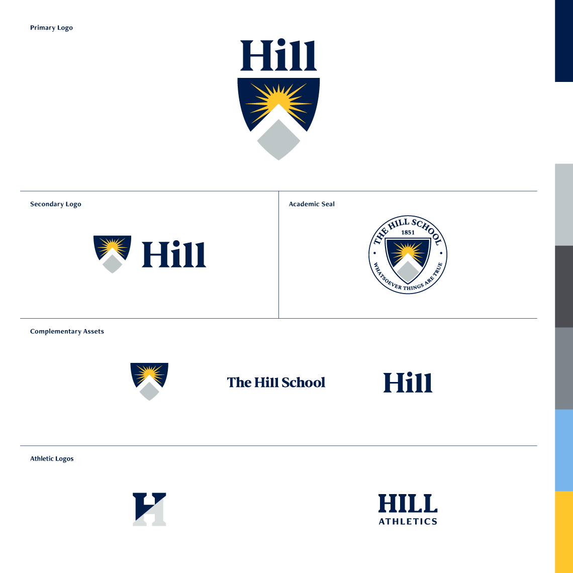 Examples of the brand identity created for The Hill School. Primary logo, Secondary Logo, Academic seal, complementary assets, and athletic logos