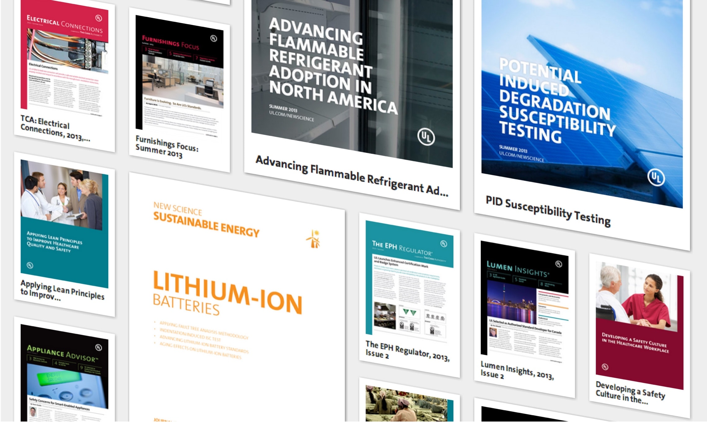 A variety of brochures are displayed on a wall.