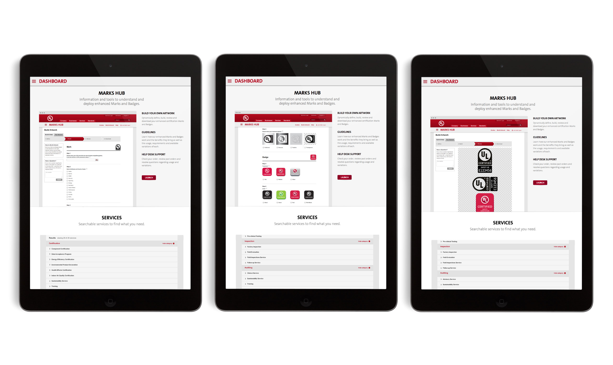 Four ipad screens showing different types of products.