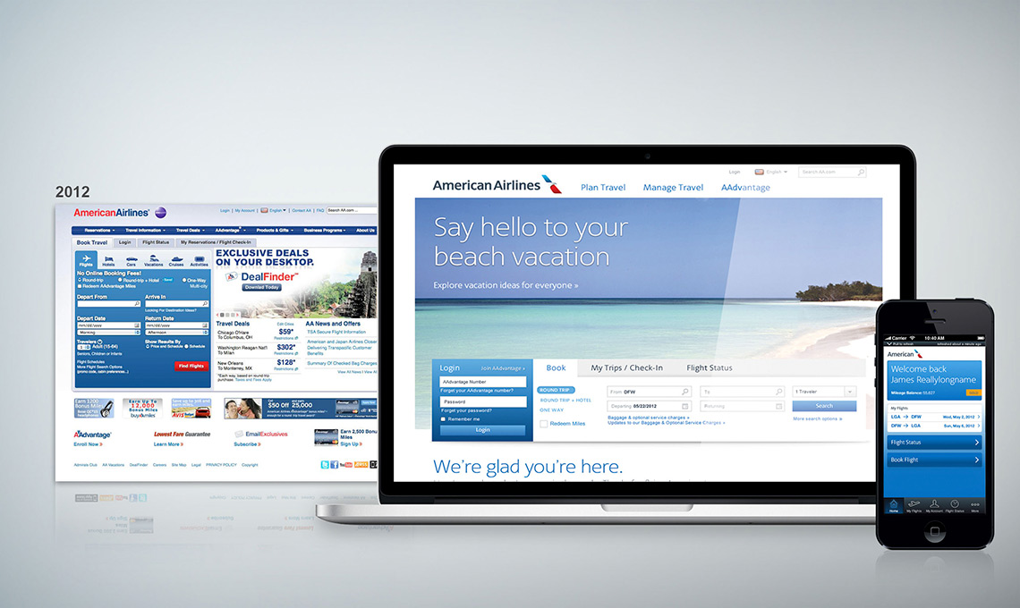 A laptop, tablet, and phone are displaying a travel website.