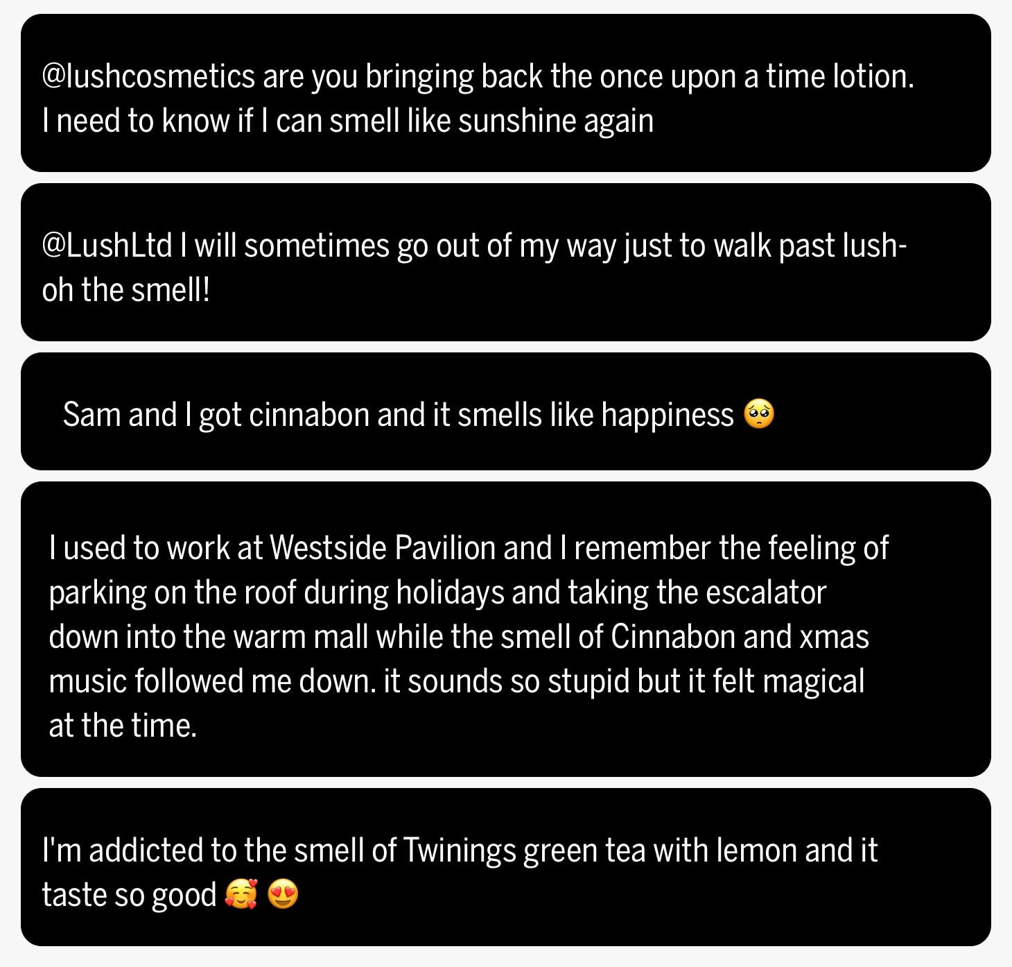 Tweets about brands in the beauty, food, and beverages industries, such as Lush, Cinnabon, or Twinings