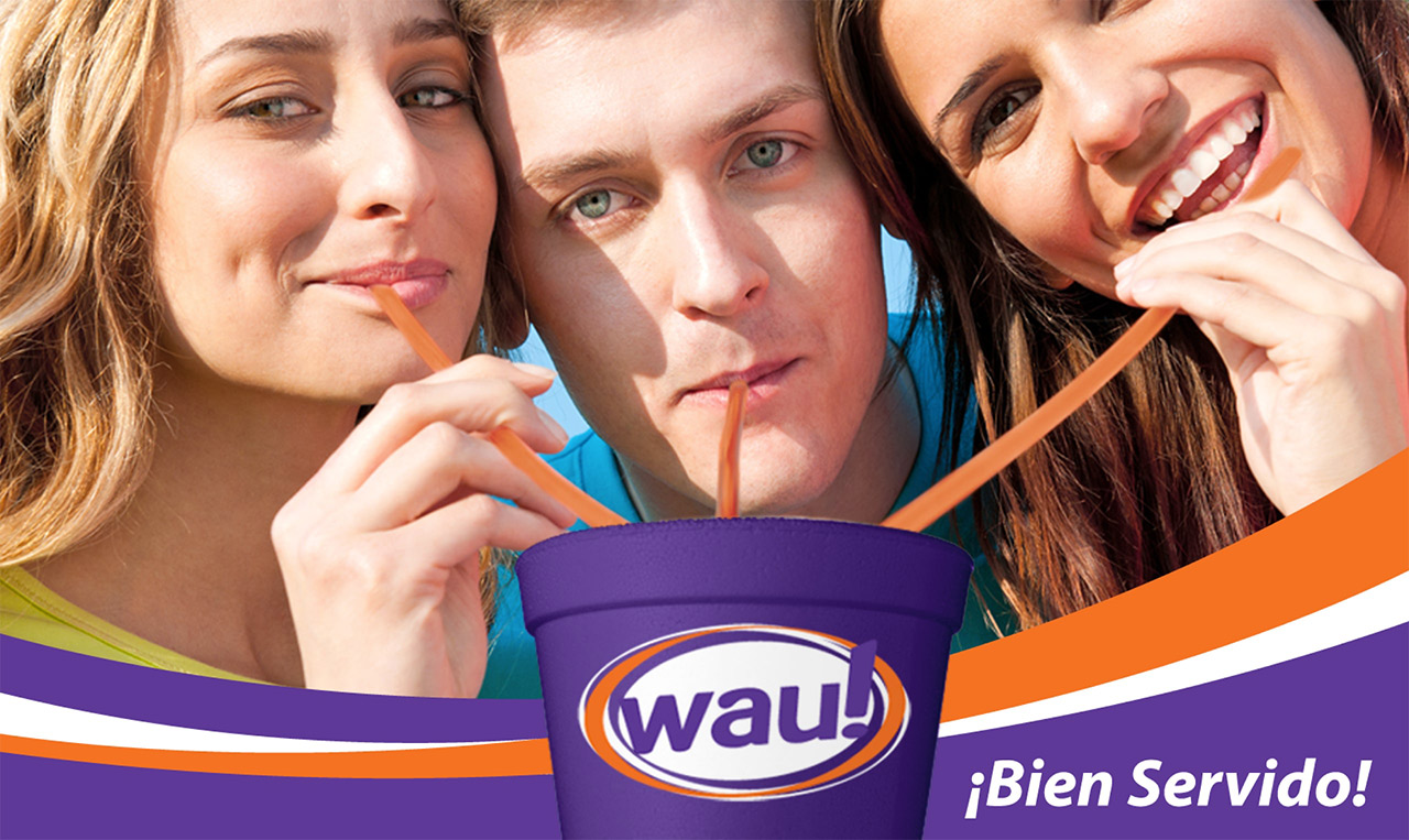 A group of people are holding a cup of orange juice, WAU!