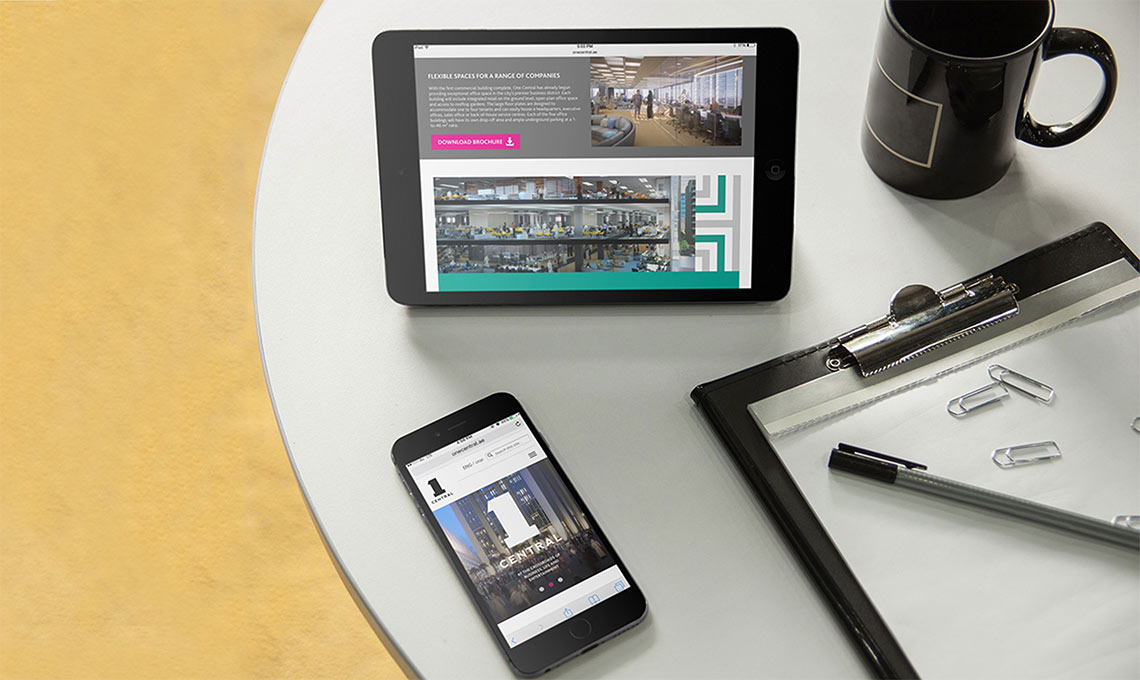 A mobile phone and and Tablet showing examples of the website designed to promote One Central brand