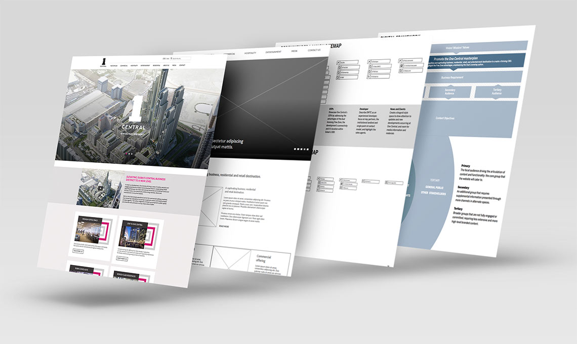 Four mock-ups showing the web page design process
