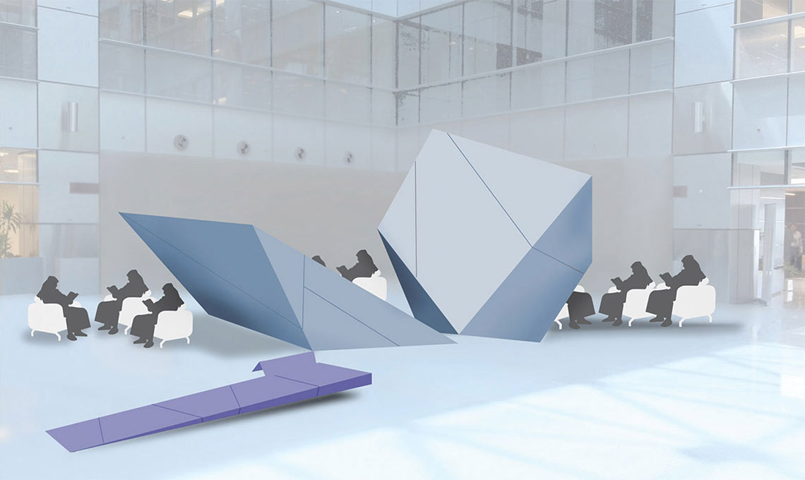 A group of people sitting in chairs in an office building designed with environmental considerations.