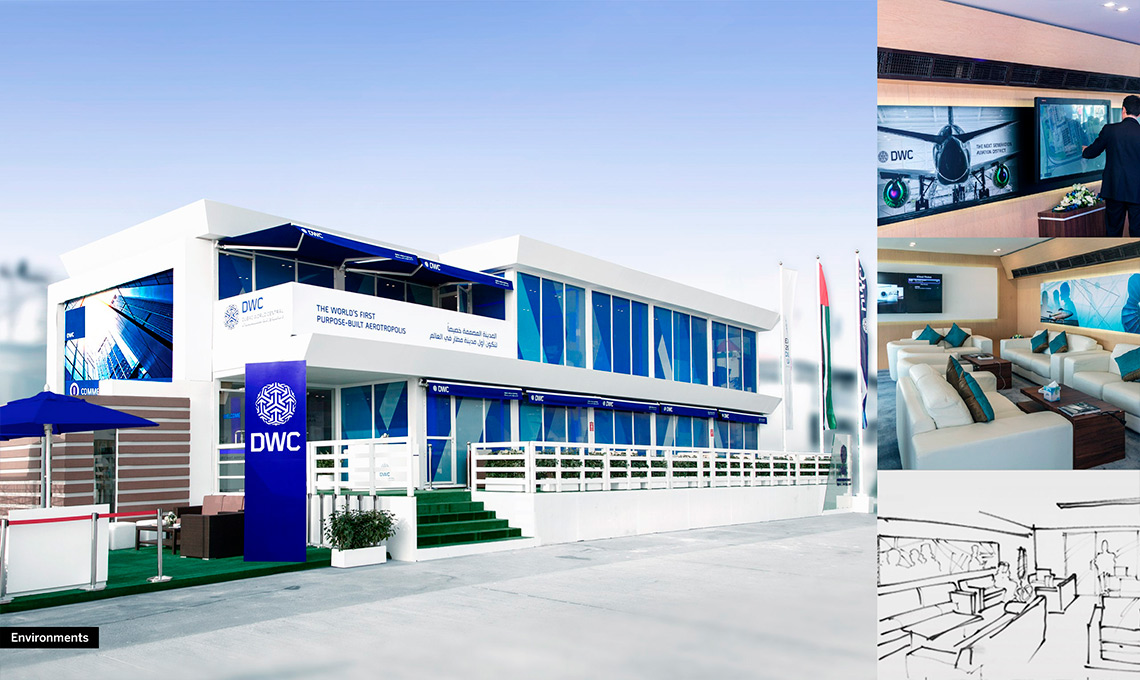 A collage of pictures showcasing an integrated marketing campaign for a building with a blue and white exterior.
