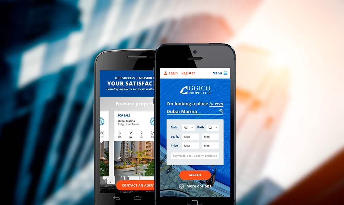 Two iPhones displaying a corporate real estate website.