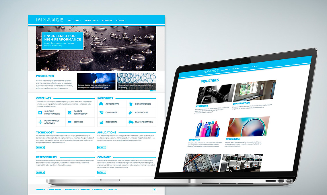 A laptop is displaying a website for a chemical company with corporate branding.