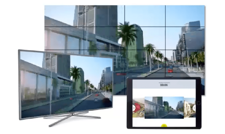 video wall display, a desktop monitor and a tablet displaying a presentation developed with PresentationOS