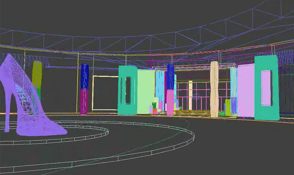 A 3D model of a room with a high heeled shoe, perfect for an investor video presentation.