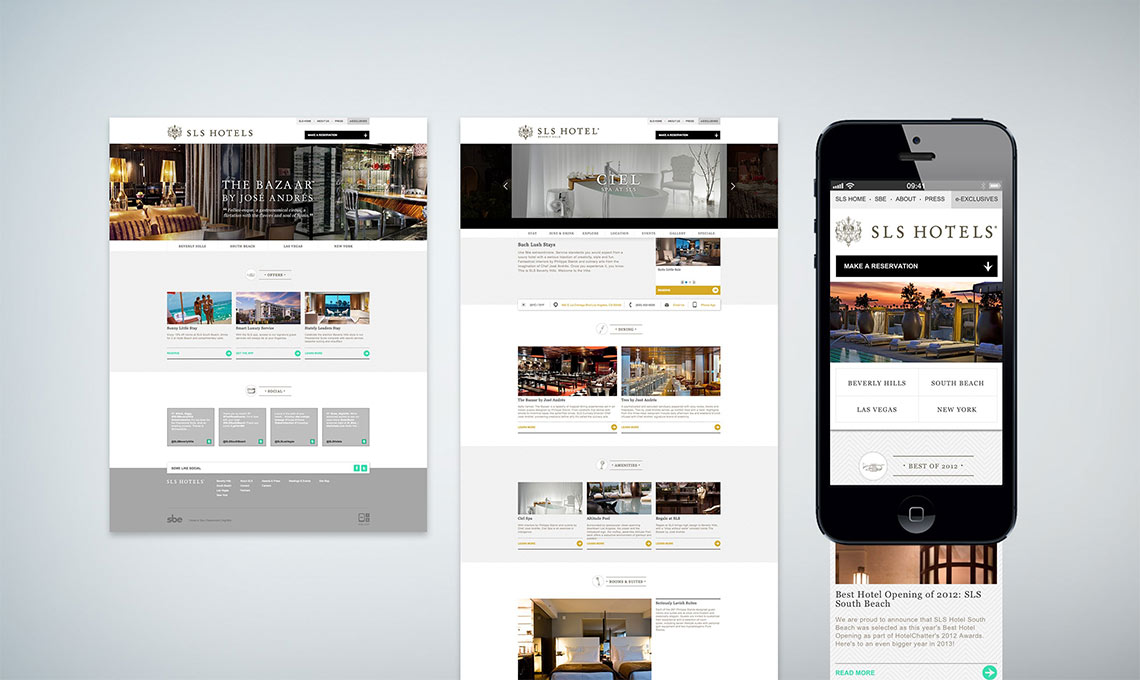 A mobile phone and a tablet displaying the SLS Hotels website.