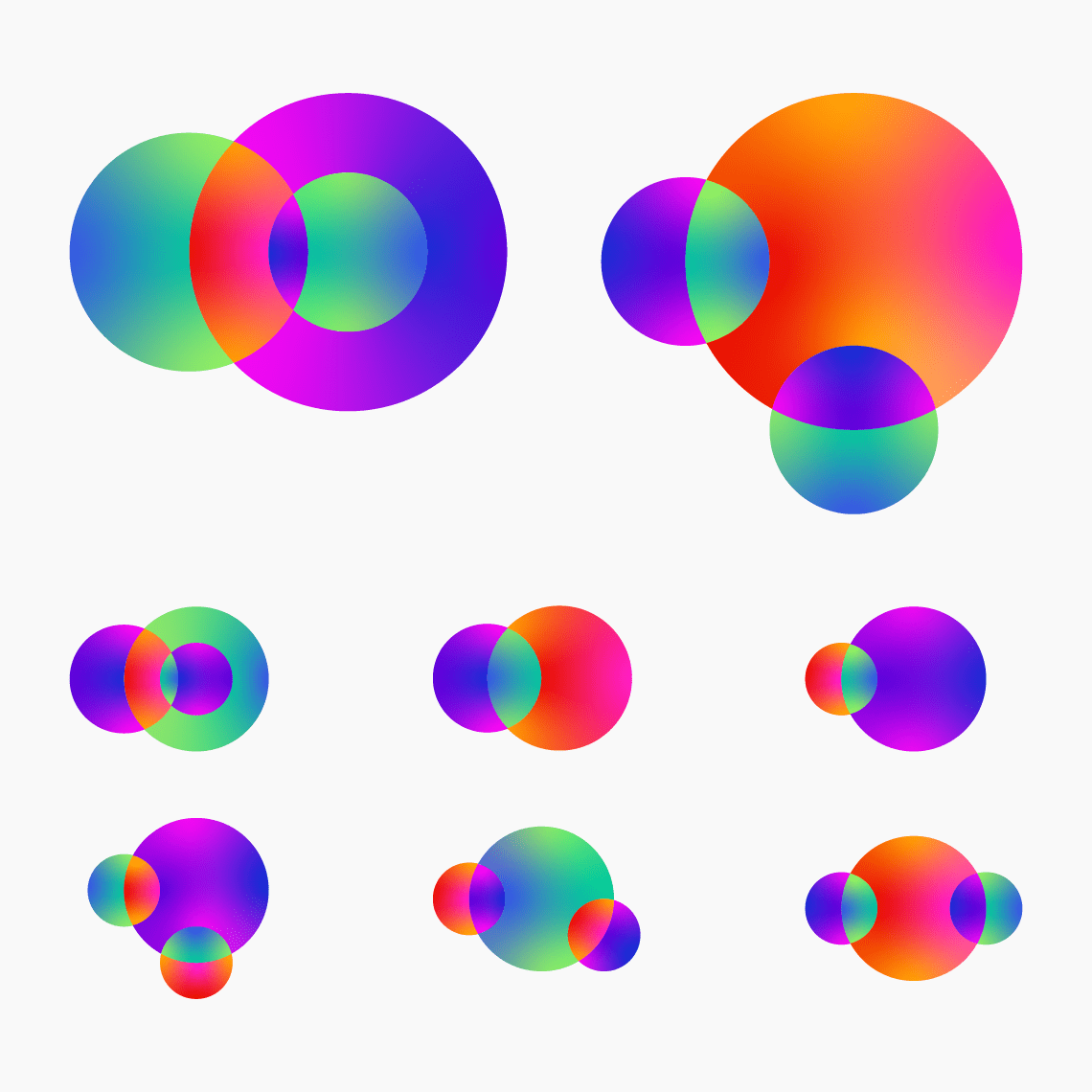 Examples of the circular compass-like shapes of the logo and colorful design system