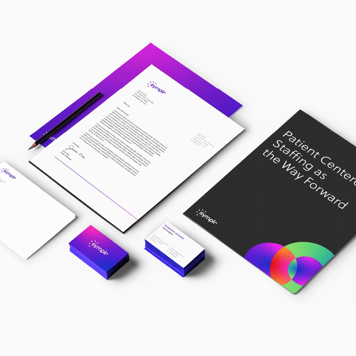 Examples of the design system applied to printed materials: letter, envelope, folder and bussiness cards