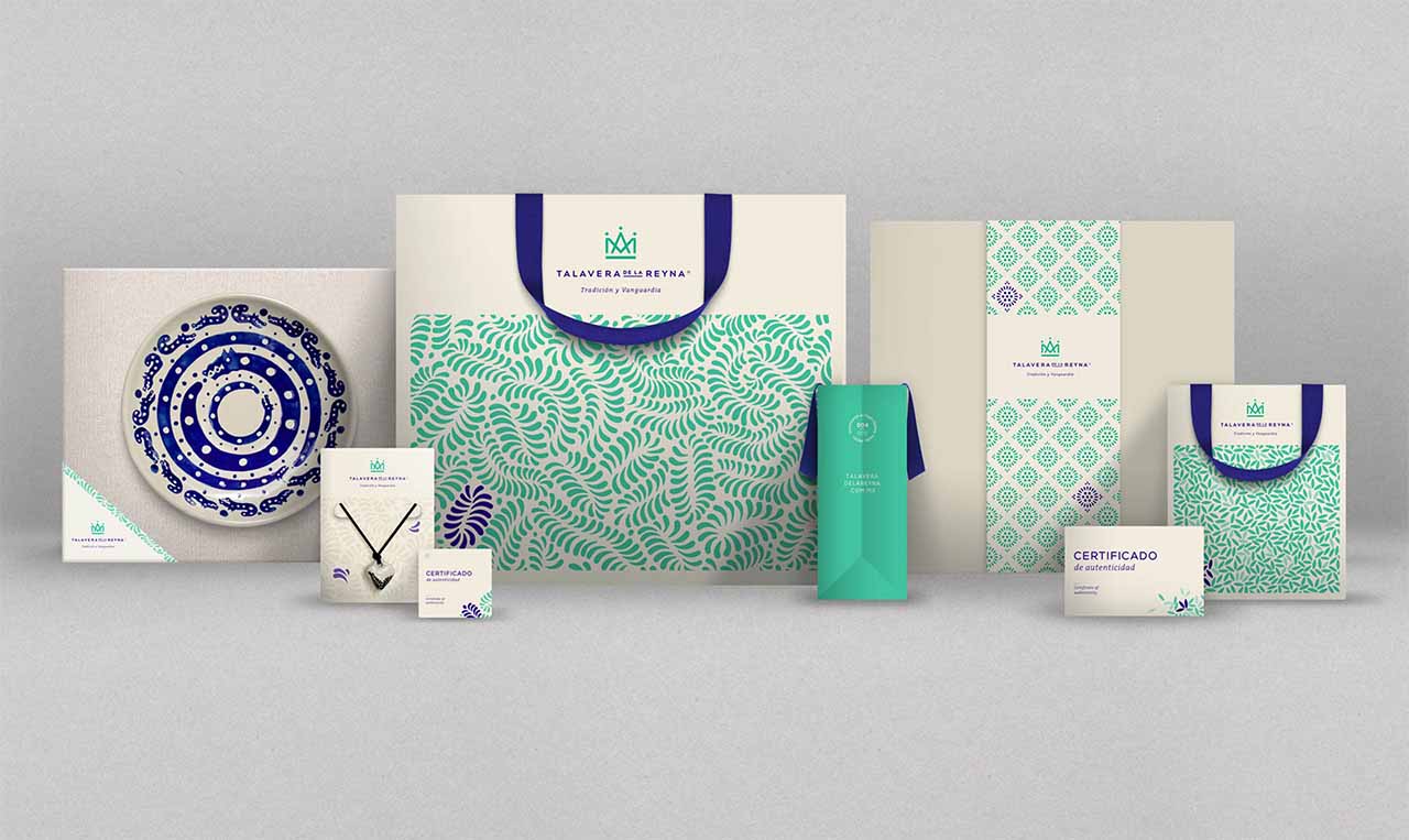 A set of products fusing blue and white designs.