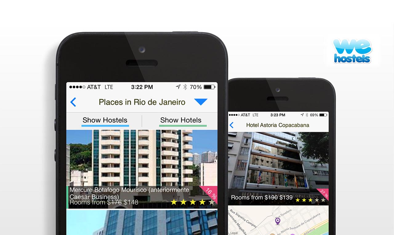 Two mobile phones displaying a hotel app.