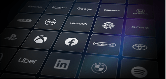 Grid of black tiles, each displaying a white logo of major global brands such as Google, Amazon, Samsung, Starbucks, Facebook, Walmart, LinkedIn, PlayStation, and Toyota.