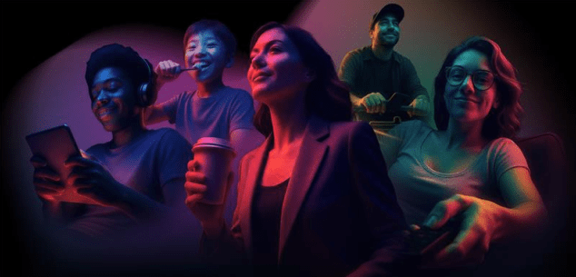 Five people enjoy different activities: one uses a tablet with headphones, one sings into a microphone, one drinks coffee, one smiles holding a remote, and one sits behind them smiling.