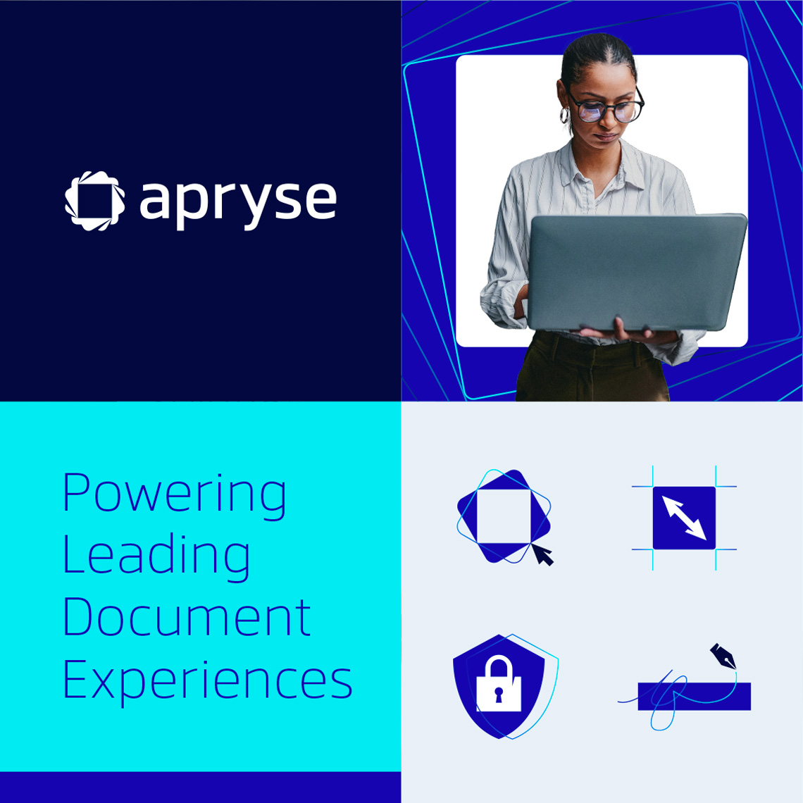 examples of logo, brand messaging and iconography developed for Apryse