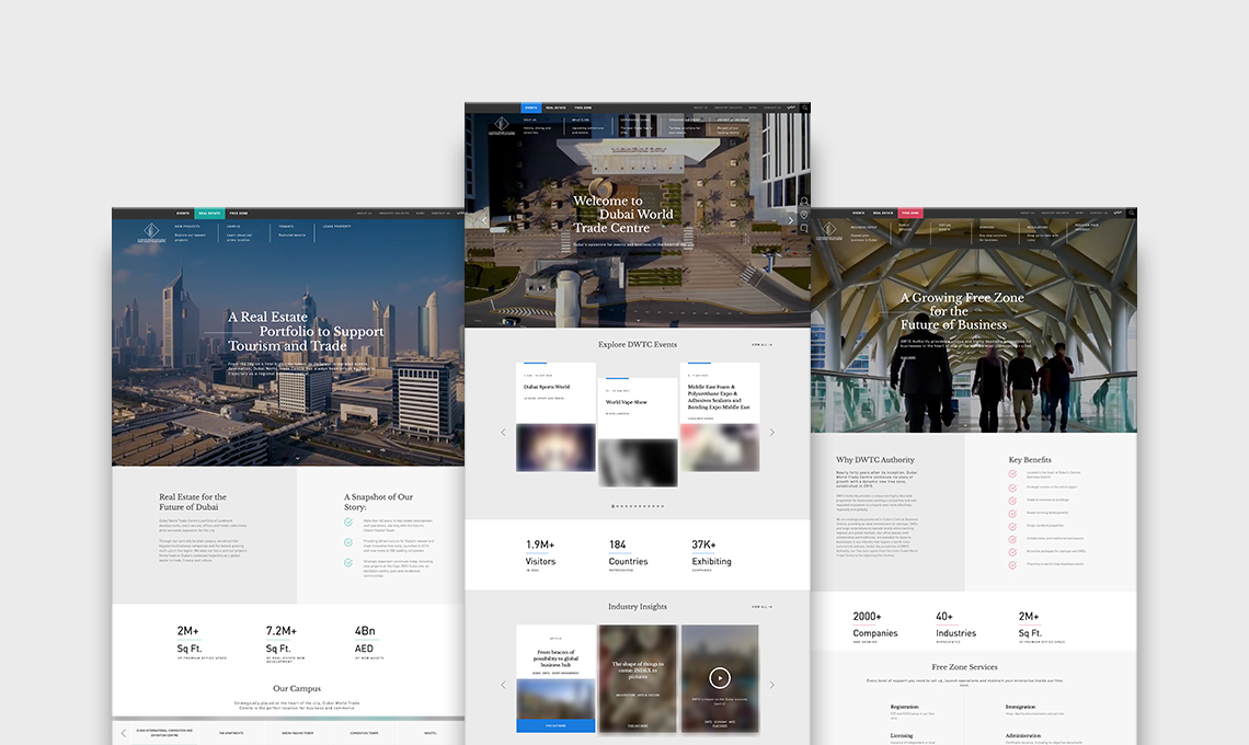 Images of DWTC's landing pages against a grey background
