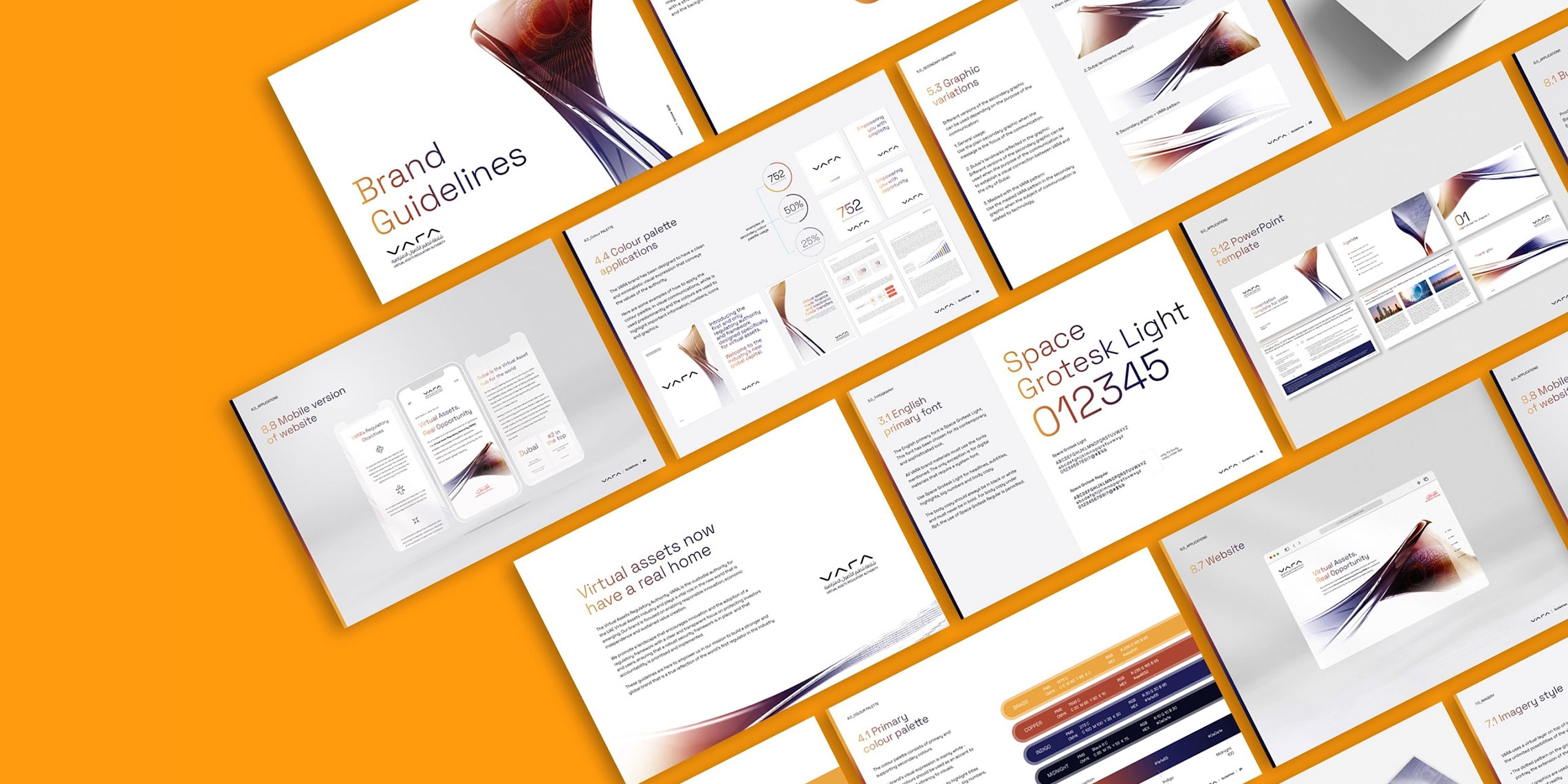 Pages from the VARA brand guidelines placed on top of an orange background.