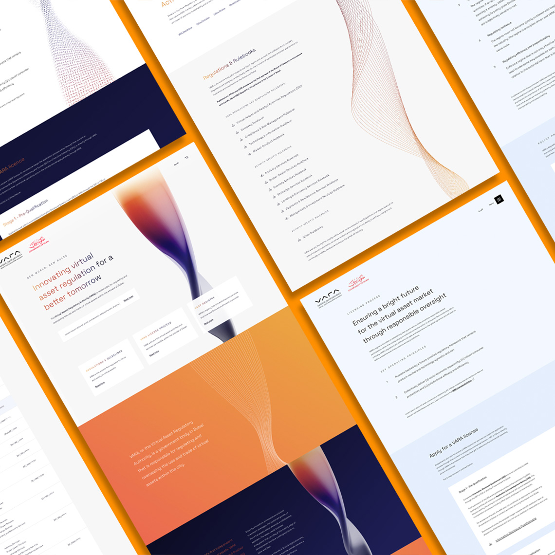 UI design of the VARA corporate website against an orange background.