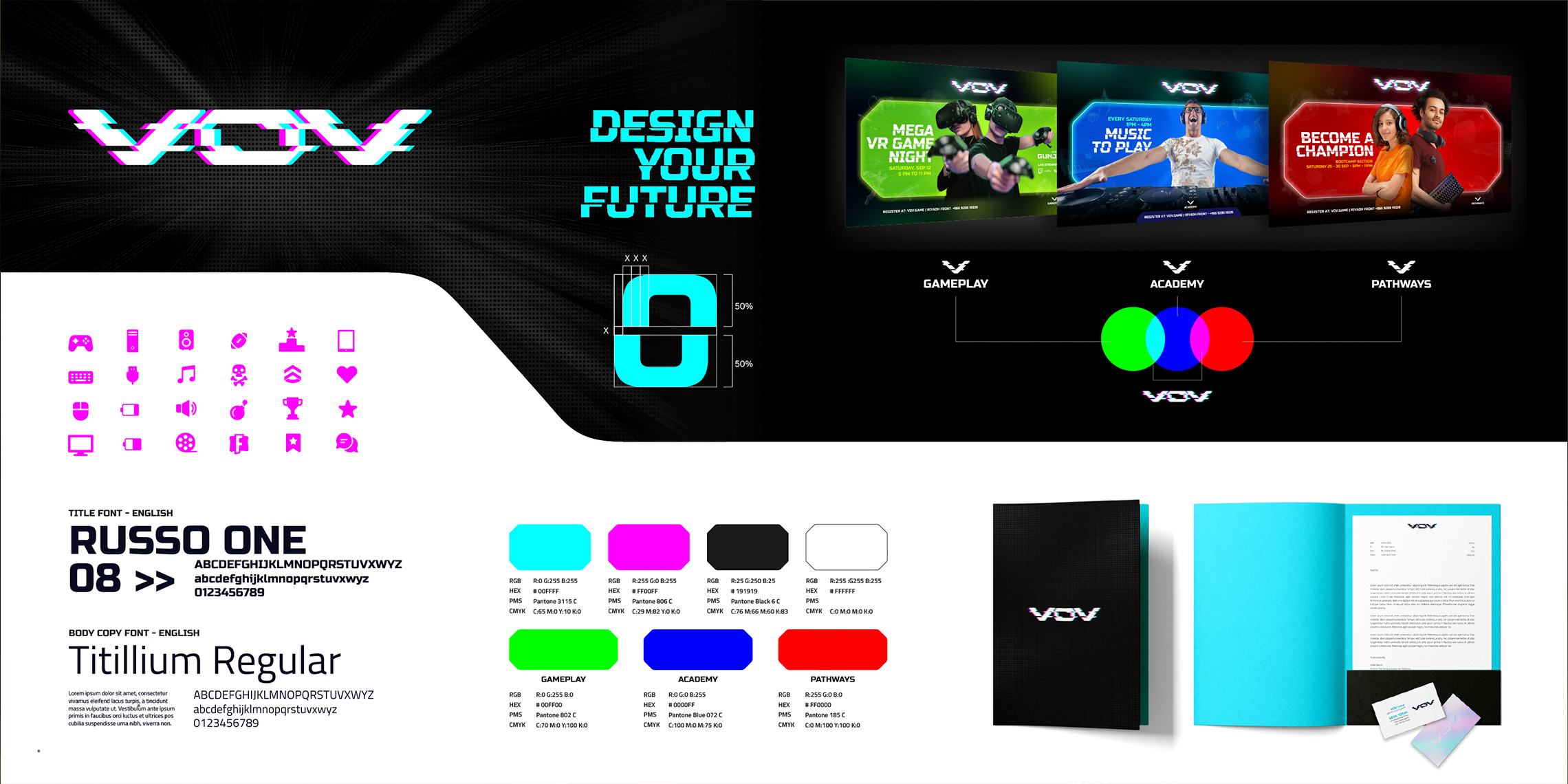 VoV brand design system and examples of its application.