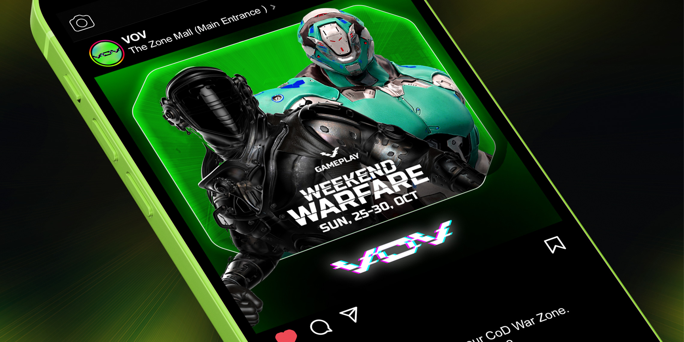 iPhone mockup with a illustration of an Instagram ad for VoV.