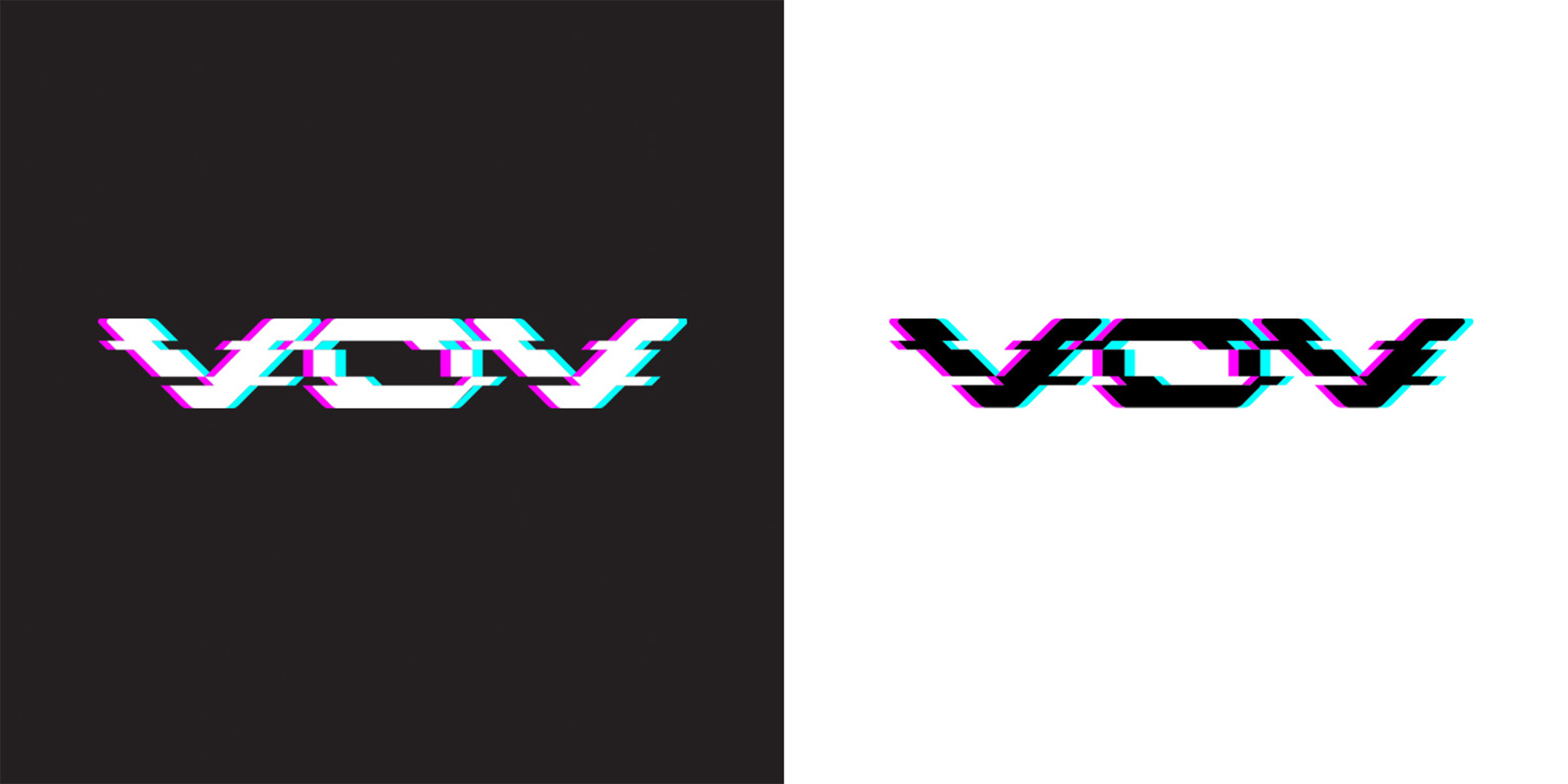 Primary version of the VoV brand identity against a white and black background.