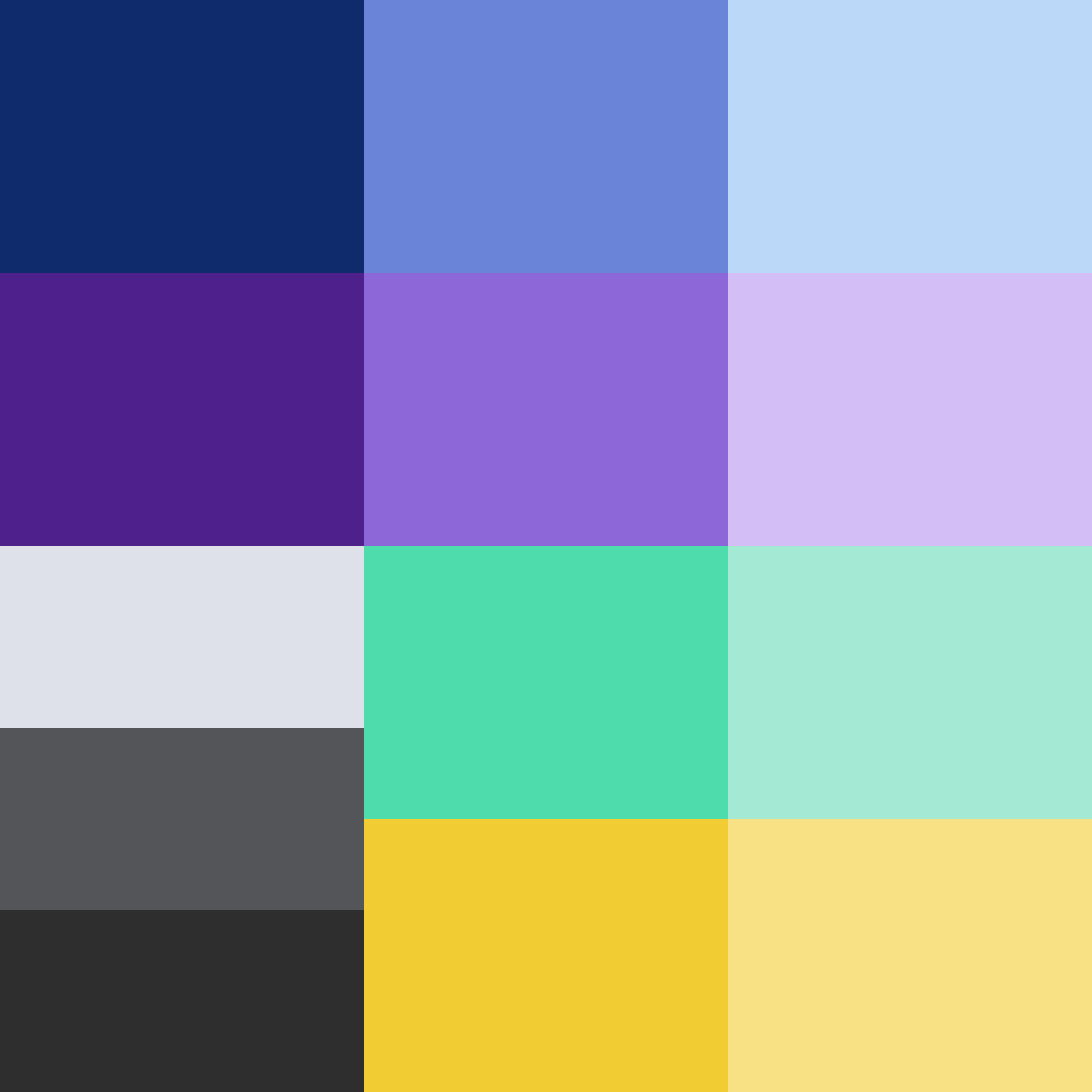 The color palette designed for Forge showing different shades of blue, purple, gray, green and yellow.