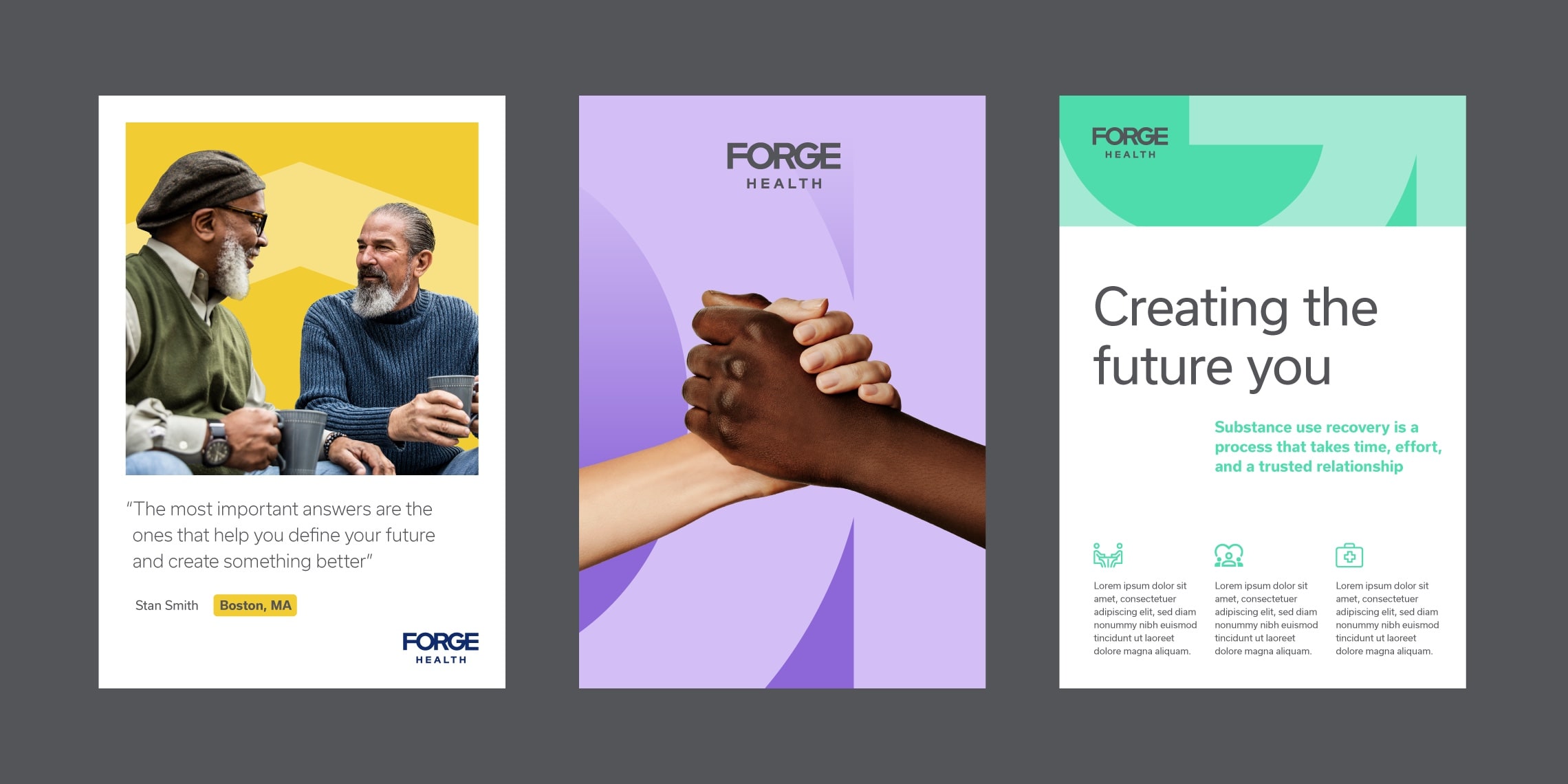 Examples of 3 vertical banners for Forge showing how to apply the design system