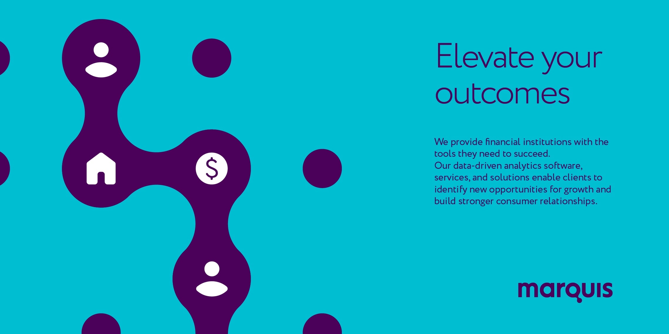 Composition elements showing the use of the logo, graphic motif, icons, texts and color developed for Marquis