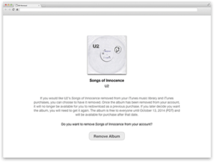 U2 gift album shown on website where users could remove the album