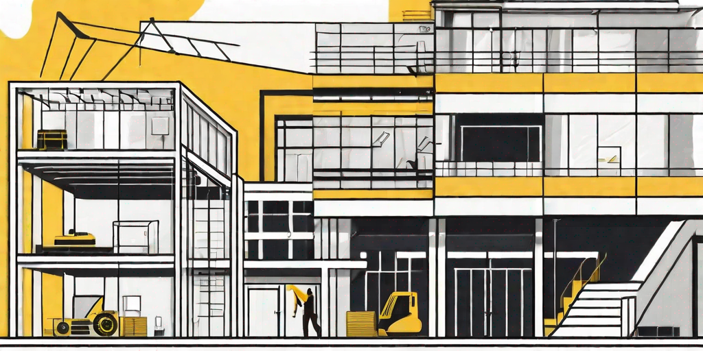 A large-scale enterprise building with various website elements (like a blog post