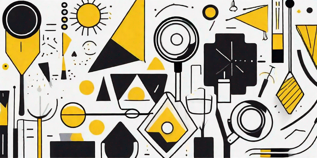 A magnifying glass focusing on a variety of abstract shapes and symbols
