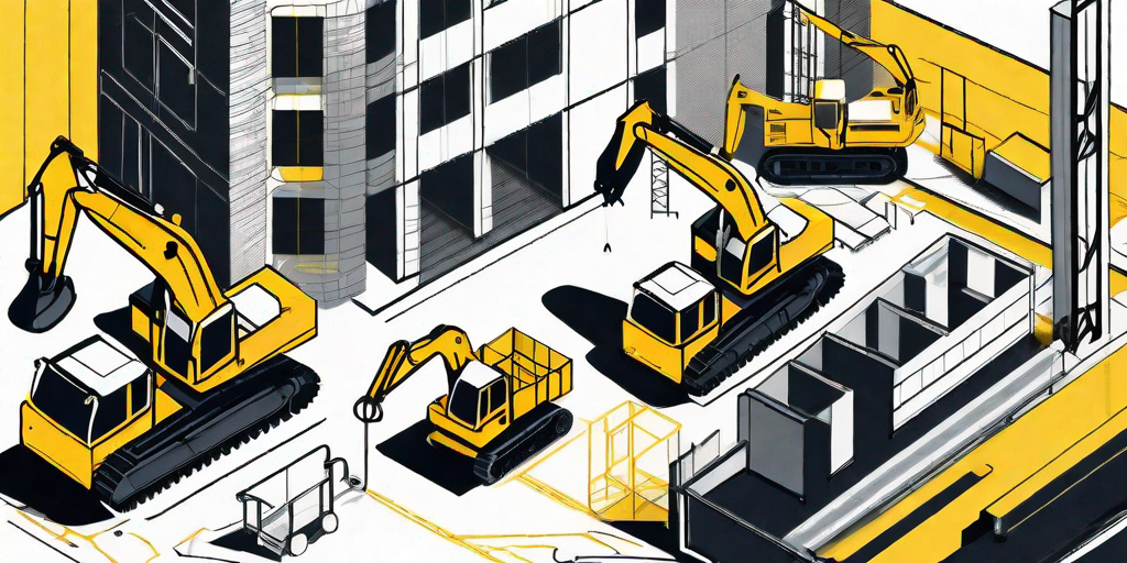 A construction site with cranes and tools