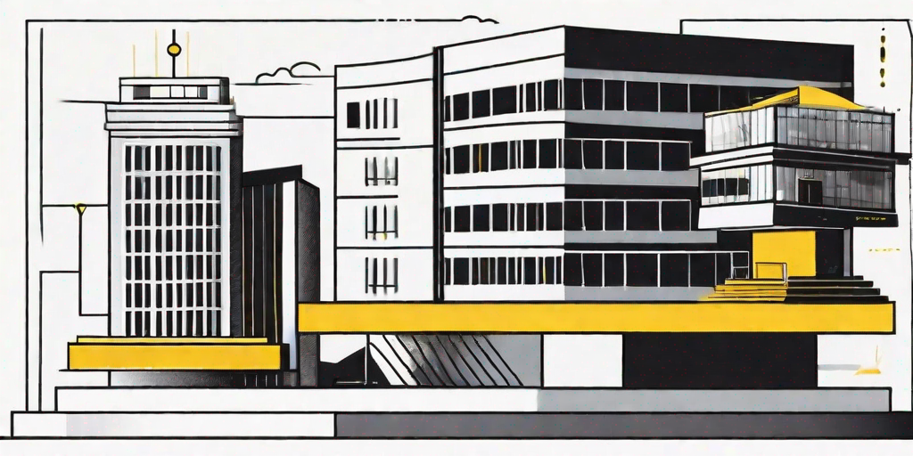 A balanced scale with a building representing an agency on one side and a single computer representing a freelancer on the other