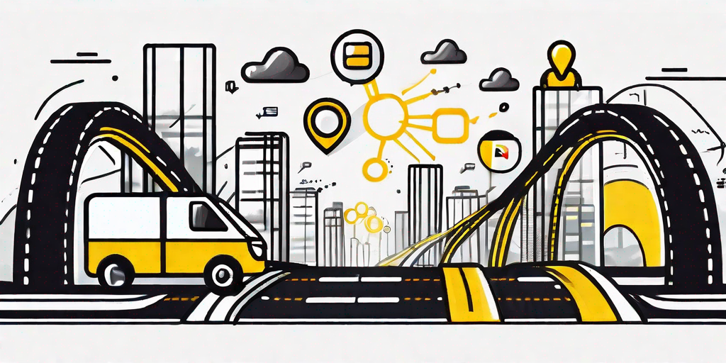 A highway filled with various symbols of digital marketing tools like social media icons