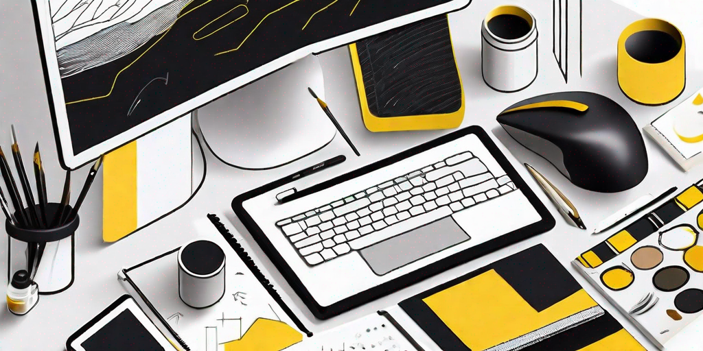 A designer's workspace with various tools like color palettes